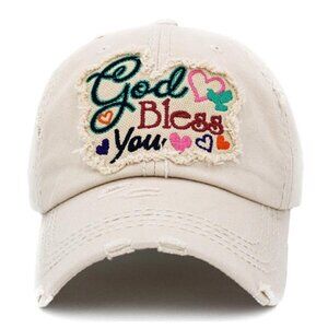 Womens God Bless You Hearts Vintage Ballcap Baseball Cap Hat in Distressed Cream